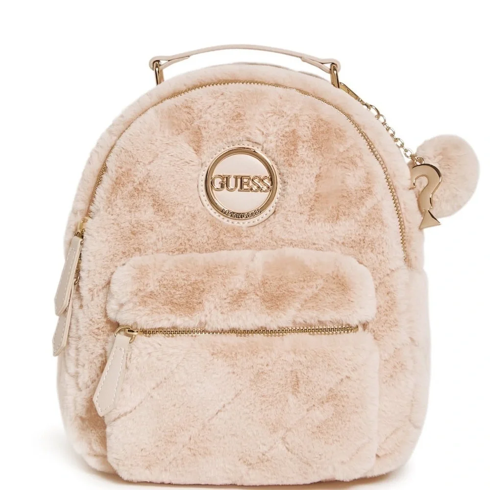 New Guess Cream Plush Mini Backpack with Faux Fur